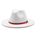 Classic white felt jazz fedora hat with a striking red leather band and gold buckle detail - L (59-61cm) / White