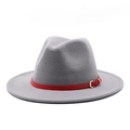 Classic gray wool fedora hat with a thin red leather belt and gold crescent buckle - Light Gray