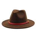 Dark brown wool fedora hat featuring a red leather band and gold buckle detail - Dark Coffee