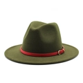 Olive green fedora hat with a contrasting red leather band and gold metal buckle - Army Green