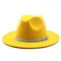 Bright yellow wool fedora hat with light blue decorative leather band and metal buckle - Yellow