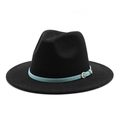 Classic black felt fedora hat featuring a light blue leather band and gold metal buckle - Black