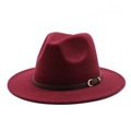 Cappello fedora in lana bordeaux con cinturino in pelle marrone e fibbia dorata - L (59-61cm) / Borgogna
