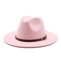 Classico cappello fedora in lana rosa con sottile cinturino in pelle marrone e fibbia - L (59-61cm) / Rosa
