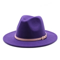 Deep purple wool wide brim fedora hat with pink leather band and gold buckle detail - Purple
