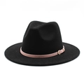 Classic black wool fedora hat featuring a pink leather band with a golden metal buckle - Black