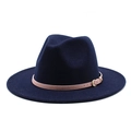 Dark blue wide brim wool fedora hat with light pink leather band and gold buckle - Navy Blue