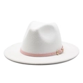 White felt fedora hat for women with pink leather band and gold buckle detail - White