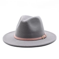 Grey wool wide brim fedora hat with a pink leather band and a gold metal buckle - Light Gray