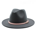 Dark grey wool fedora hat featuring a light pink decorative strap and gold buckle - Dark Gray