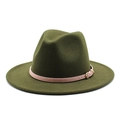 Olive green fedora hat with pink decorative band and gold buckle on a white background - Army Green