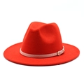 Classic red wool fedora hat featuring a stylish pink leather strap with metal buckle - L (59-61cm) / Orange Red