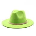 Neon green wide brim wool fedora hat with camel brown faux leather buckle belt - Fluorescent Green