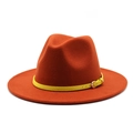 Classic orange wide brim wool fedora hat with a contrasting yellow leather buckle band - L (59-61cm) / Rust red