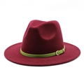 Classic burgundy wool fedora hat with a bright green belt and gold metallic buckle - Burgundy