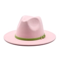 Pink wool fedora hat with contrast green leather band and gold buckle detail - Pink