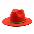 Red wool felt jazz hat with wide flat brim and green leather belt with gold buckle - L (59-61cm) / Orange Red