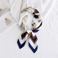 Elegant silk square scarf with vintage gold chain and navy blue geometric prints - 70x70cm / Equestrian Beige