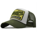 Detail of army green trucker hat with vintage Western patch and mesh ventilation - Army Green