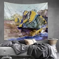 Tapiz de pared nórdico con montañas y pájaros en azul y dorado para decorar el dormitorio - 150x130cm / Paisaje Abstracto (1)
