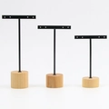 Set of 3 black metal T-bar earring displays with round wooden bases in varying heights - 4-Hole Round Base 3pcs Set: Black