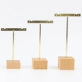 Three-piece set of T-shaped metal earring stands with minimalist wooden bases in tiered heights - 4-Hole Square Base with Slot 3pcs Set: Gold