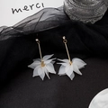 Detail of long drop earrings featuring white petals and delicate gold rods on black mesh - E2859-3/925 Sterling Silver Earring Post Rhinestone Long Flower