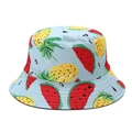 Light blue bucket hat with tropical pineapple and watermelon print for sun protection - M / Light Blue Watermelon Pineapple