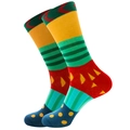 Macro detail of colorful striped mid-calf socks with geometric patterns and dots - Watermelon Stripes