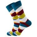Macro view of colorful geometric patchwork cotton socks with elastic cuffs in soft texture - Strap Stripes
