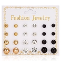 Set of 12 pairs of alloy stud earrings featuring gold, crystal, and black beads in assorted sizes - 12 Pairs Clear Zirconia Gold Black Pearl