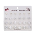 Close-up of 12 pairs of white pearl stud earrings in varying sizes on a display card - 12 Pairs White Faux Pearl Studs