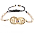 Detail of adjustable woven bracelet with gold-plated hollow heart and colored zircons - Mixed Color Bead Chain 5