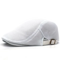 Detail of white mesh beret cap showing breathable fabric and metal adjustment buckle - White