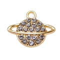 Detailed view of a golden Saturn pendant encrusted with sparkling clear rhinestones - Gold Saturn