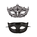 Set of black filigree metal Venetian masks with intricate rhinestones and embossed patterns - Large Pointed Black And Small Beauty Black