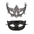 Detail of black laser-cut metal filigree and embossed masquerade mask set on white background - Large Fox Black And Small Beauty Black
