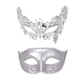 Detailed silver laser-cut metal mask and matching glitter party eye mask set - Rhinestone Silver Metal Mask and Classic Silver Beauty Mask