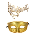 Detail showing golden filigree metal masquerade masks with rhinestones and glitter finish - Small One-Eyed Gold And Small Beauty Gold