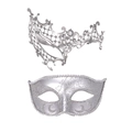 Detail of silver masquerade masks with intricate filigree, rhinestones, and silver glitter - Small One-Eyed Silver And Small Beauty Silver
