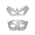 Detail of silver Venetian masquerade masks with metal hollow lace and glitter embossed designs - Small Pointed Silver Metal Mask and Classic Silver Beauty Mask