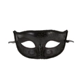 Detail of black laser-cut metal masquerade mask with ornate filigree and side ribbons - Classic Black Beauty Half Face Mask / Black