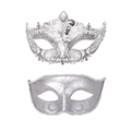Detail of silver masquerade masks set featuring filigree metalwork and glitter patterns - Large Pointed Silver And Small Beauty Silver