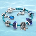 Blue leather ocean charm bracelet featuring dolphin, sea turtle and whale silver beads - 16cm / Style D/Blue Leather Sea Turtle Whale