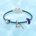 Detail view of ocean-themed braided leather bracelet with dolphin and narwhal charms - 17cm / Style E/Blue Leather Dolphin Narwhal