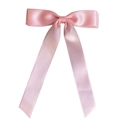 Close-up of pink satin ballet style double bow hairclip with glossy texture and long ribbons - Pink