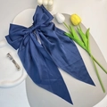 Elegant navy blue satin ribbon bow hair clip with silver alligator clasp detail - Navy Blue