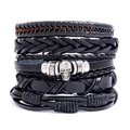 Set di bracciali vintage in pelle intrecciata nera con teschio d'argento e perline - Set da 5 Pezzi Nero