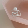 Silver heart-shaped open ring featuring a white pearl detail in a minimalist design - Adjustable Open / Silver Heart Pearl (J4787)