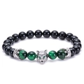 Tiger eye and black onyx beaded bracelet with silver wolf head and crown charms - 8mm Natural Green Tiger Eye